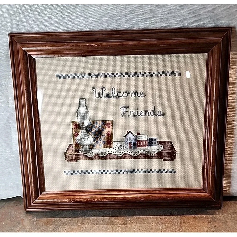 Vintage Framed Cross Stitch Wall Art Welcome Friends Yak 1991 Lantern 13.5x12